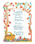 Colourful menu card of a apple tree with a basket of apples and oranges, labelled 'Starter', 'Main', 'Pudding'.