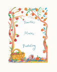 Colourful menu card of a tree with a basket of apples and oranges, labelled 'Starter', 'Main', 'Pudding'.