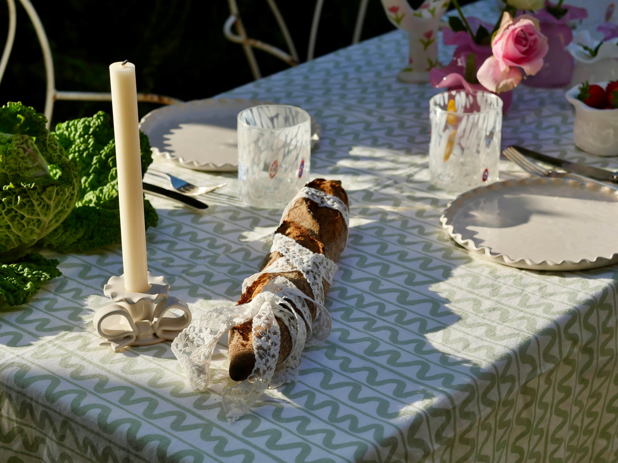 Green Linen Tablecloth, Wiggle Pattern