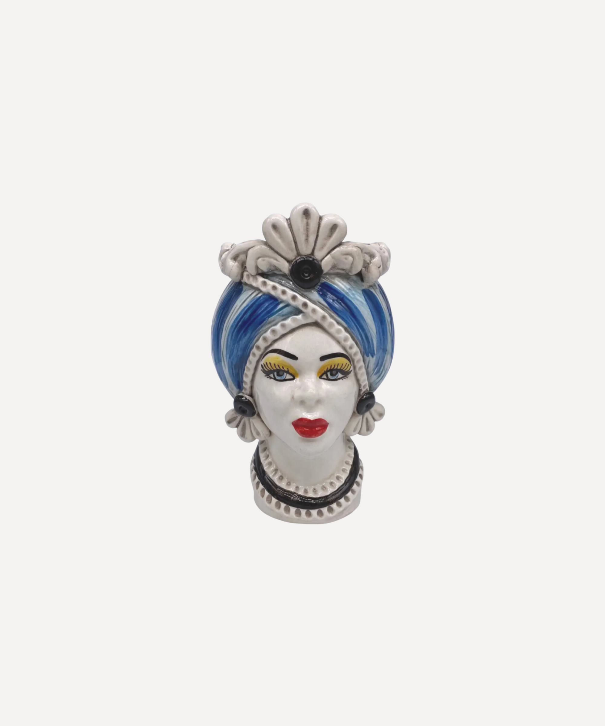 Blue Sicilian Testa di Moro female head vase artisan Testa di Moro sculpture with detailed crown and Mediterranean design.