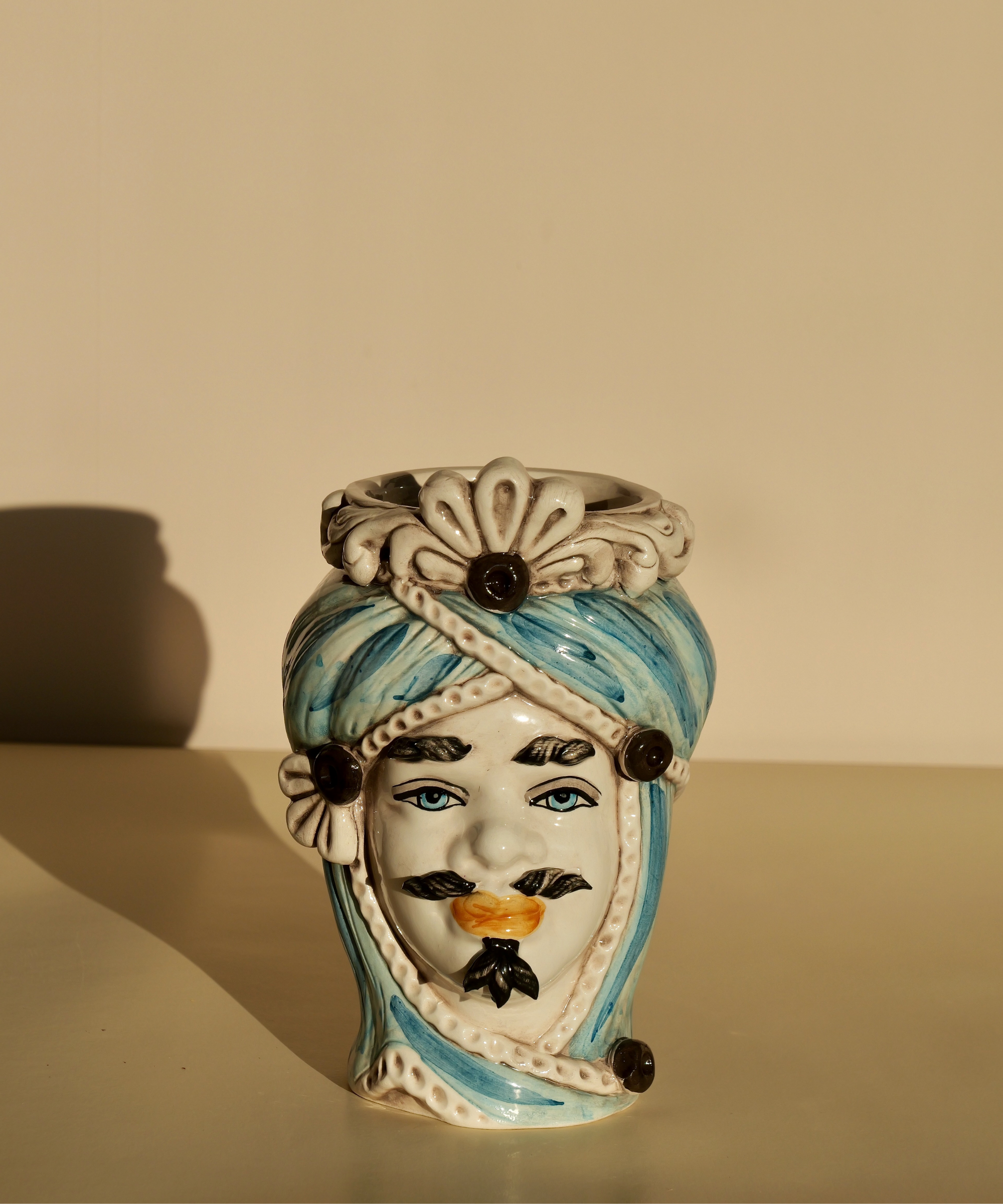 Blue Sicilian Testa di Moro male head vase – a handmade ceramic sculpture by Marla Primrose