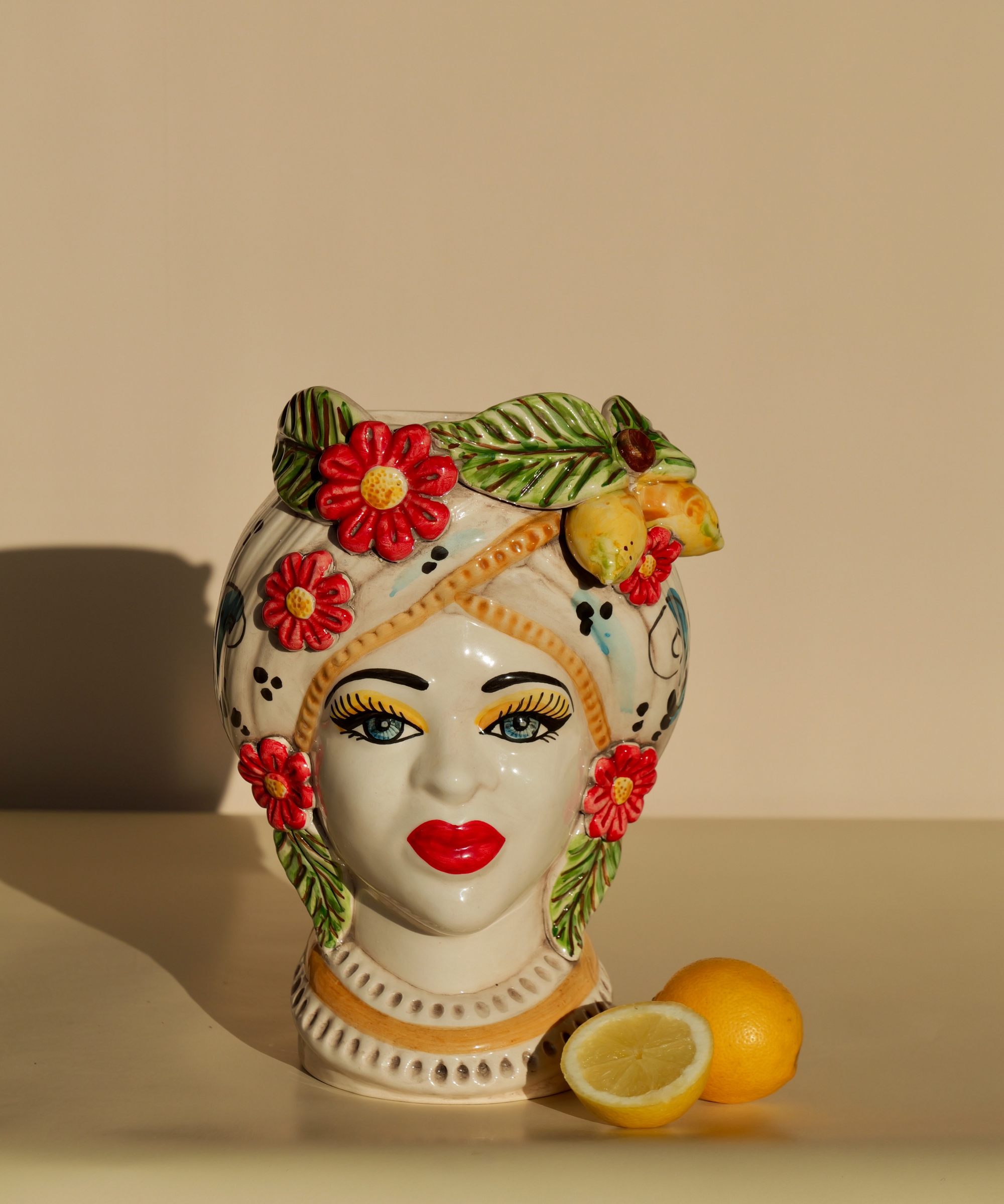 Handcrafted large Sicilian Testa di Moro head vase with sculpted lemons.