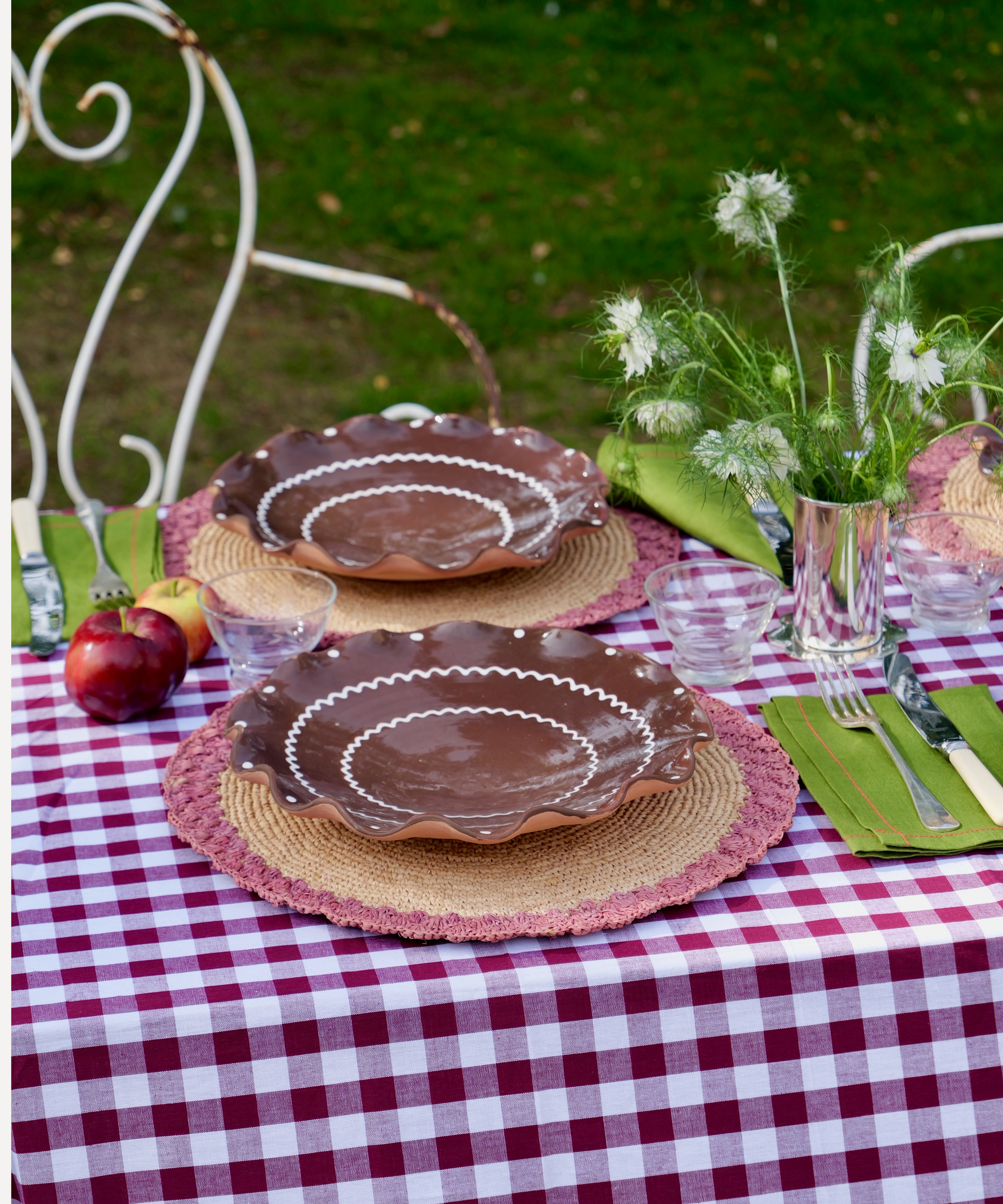 Handmade raffia scallop placemat in lilac, 15-inch round design by Marla Primrose.