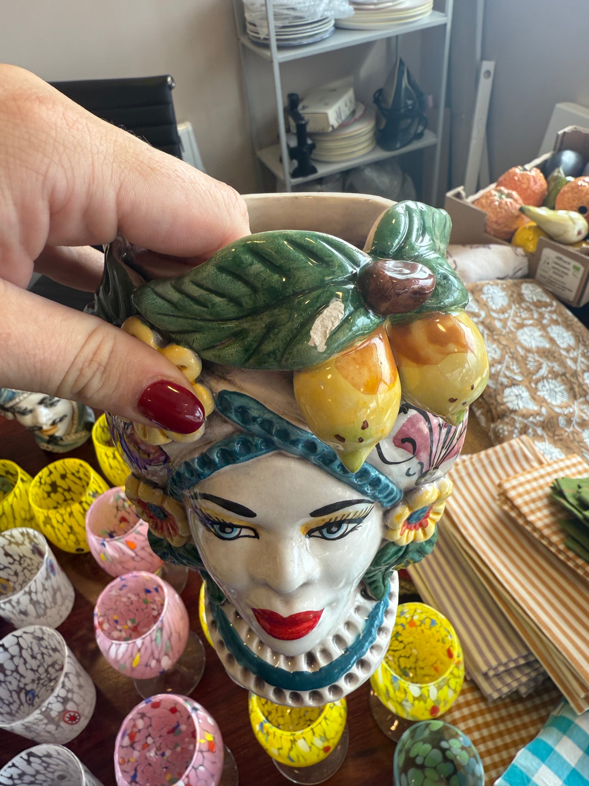 Chipped Small Sicilian Vase Head, Lemon & Flowers