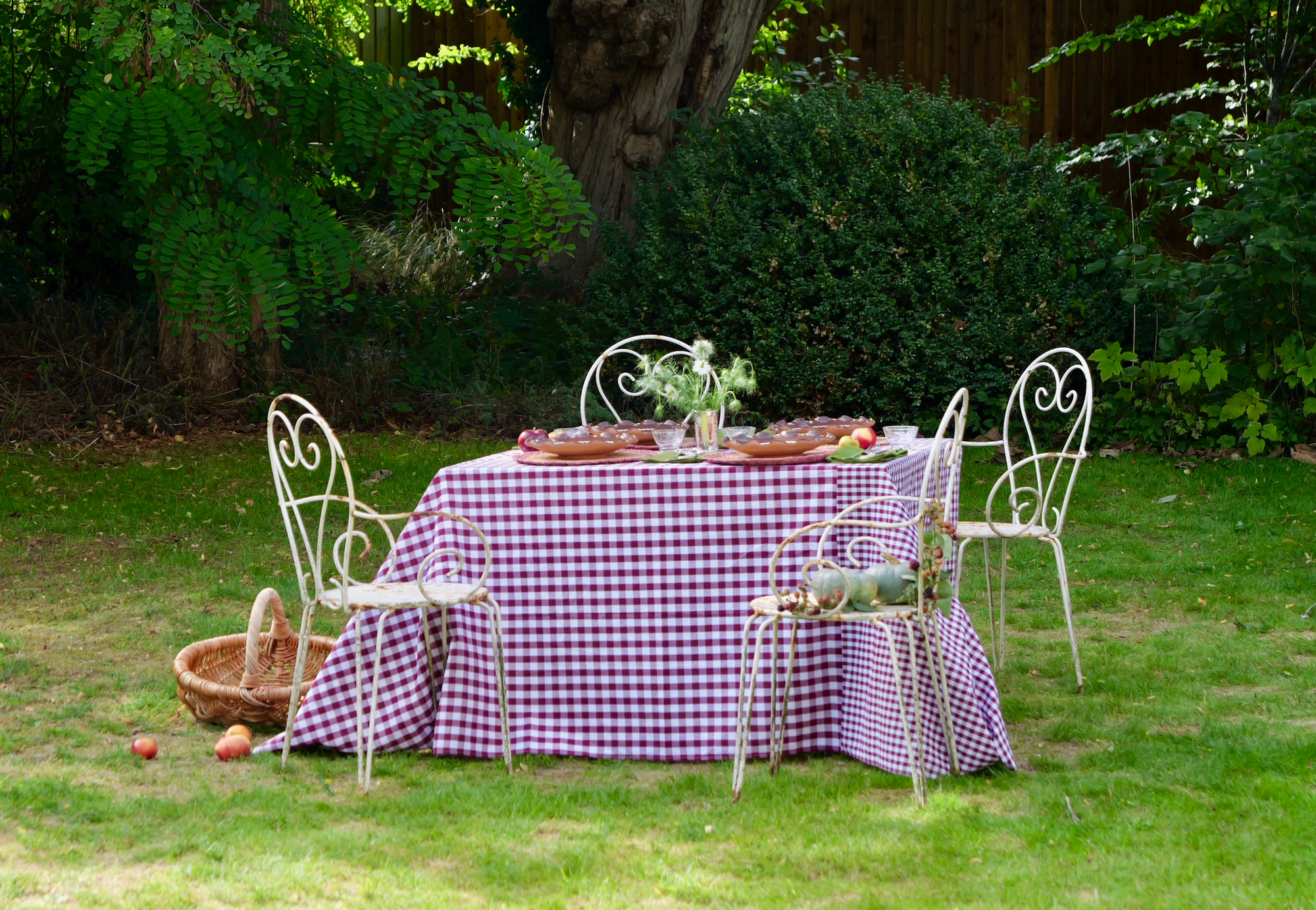 Patchwork Gingham Burgundy Cotton Tablecloth Outside setting autumnal tablescape
