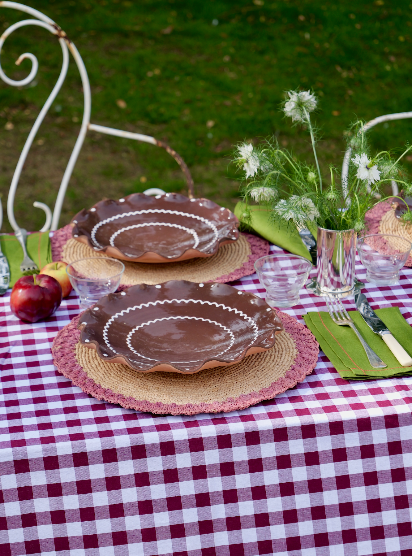 Patchwork Gingham Burgundy Cotton Tablecloth, 140 x 240cm