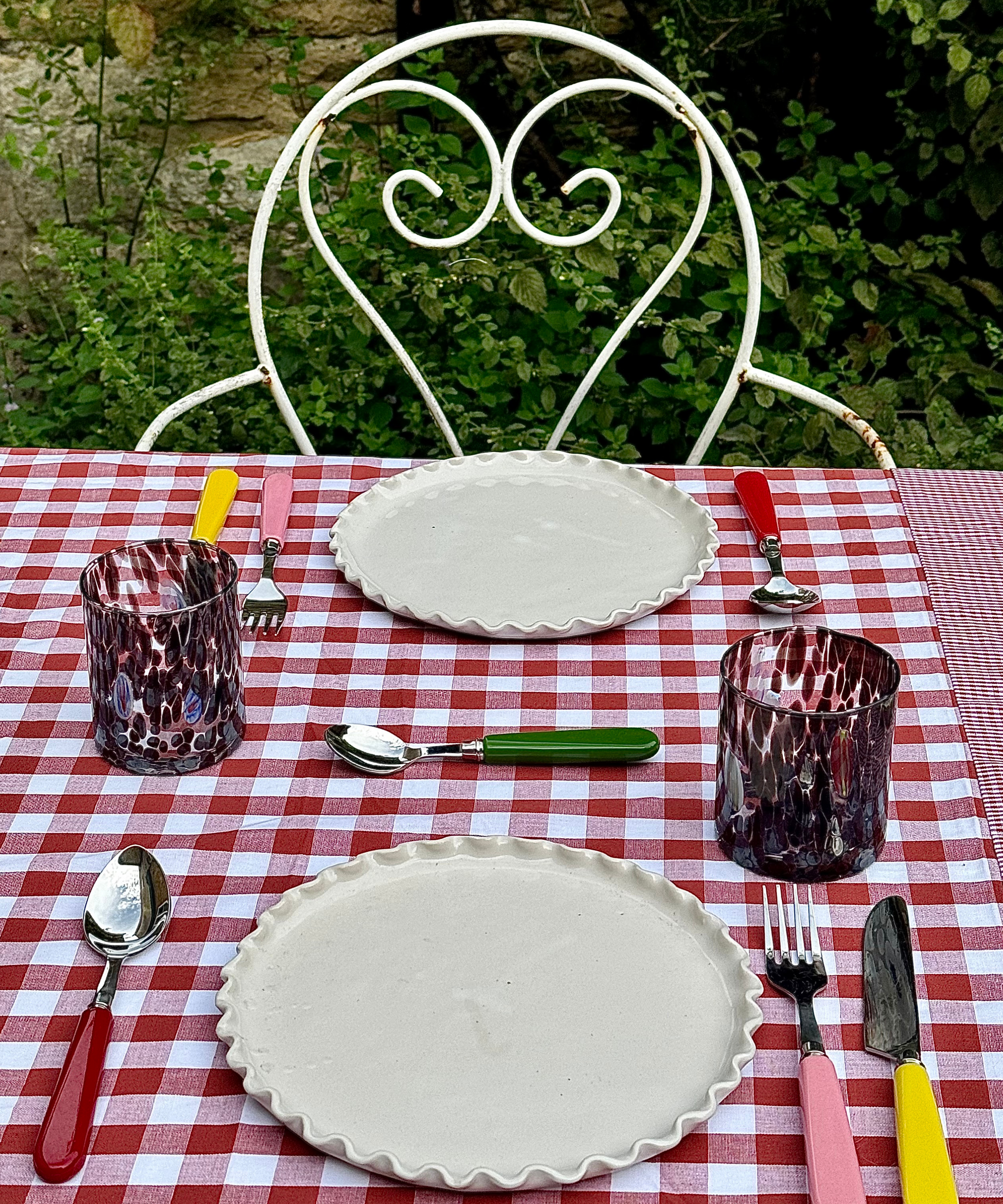 Red patchwork gingham cotton tablecloth, 140 x 240cm, crafted by Marla Primrose for country kitchen and family gatherings.