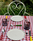 Red patchwork gingham cotton tablecloth, 140 x 240cm, crafted by Marla Primrose for country kitchen and family gatherings.