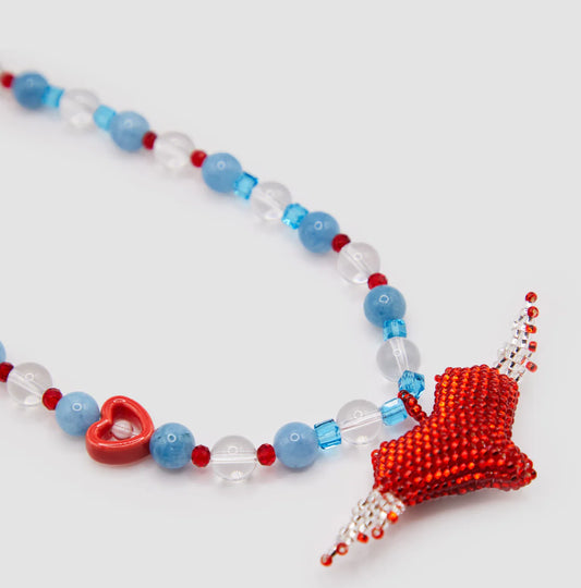 Blue Stone Red Heart Necklace, Handmade