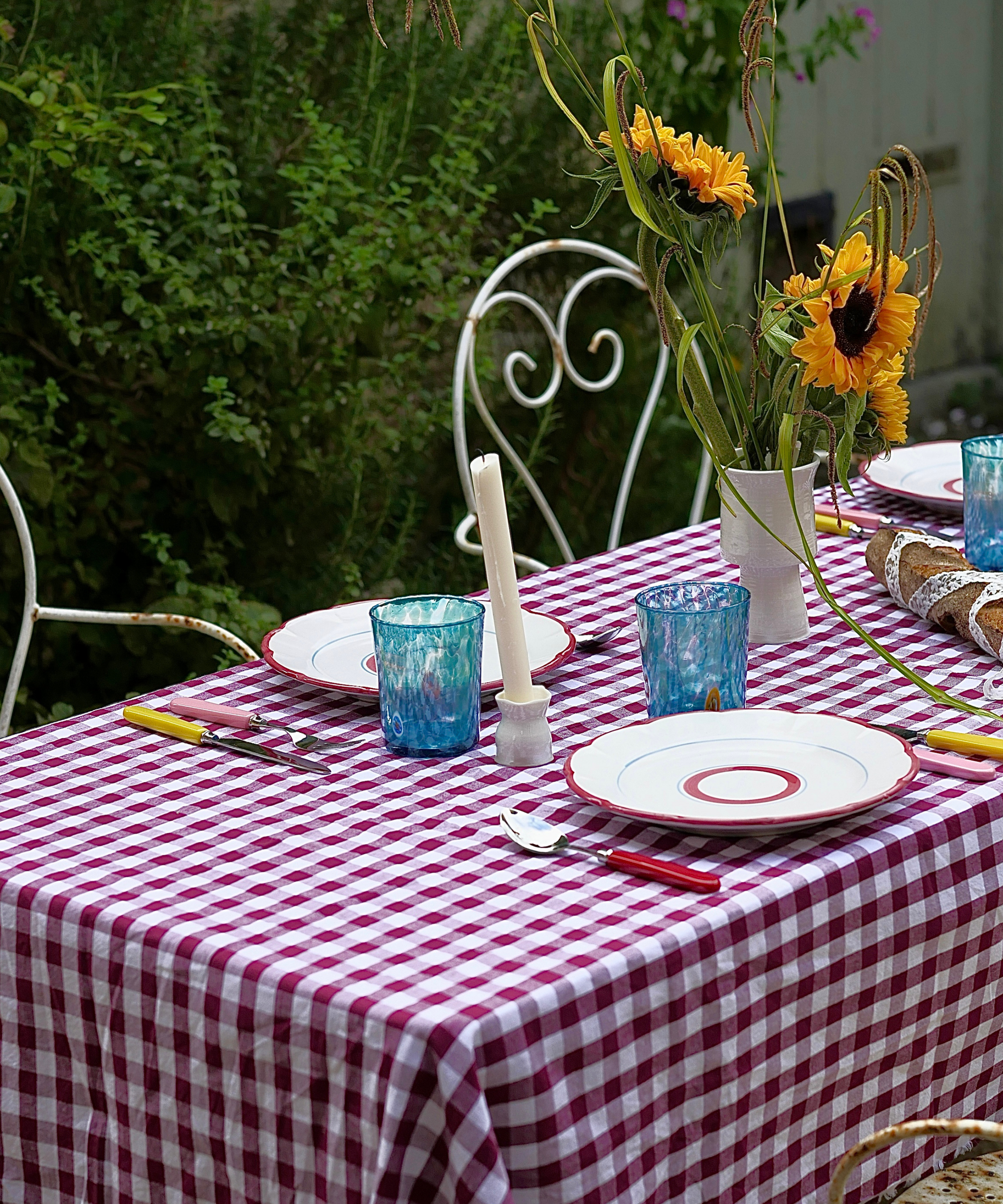 Patchwork Gingham Hand-Stitched Burgundy Tablecloth