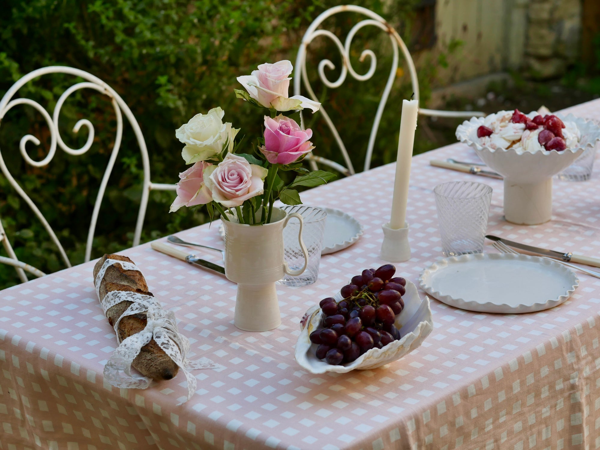 Gingham Linen Tablecloth, Pink-2