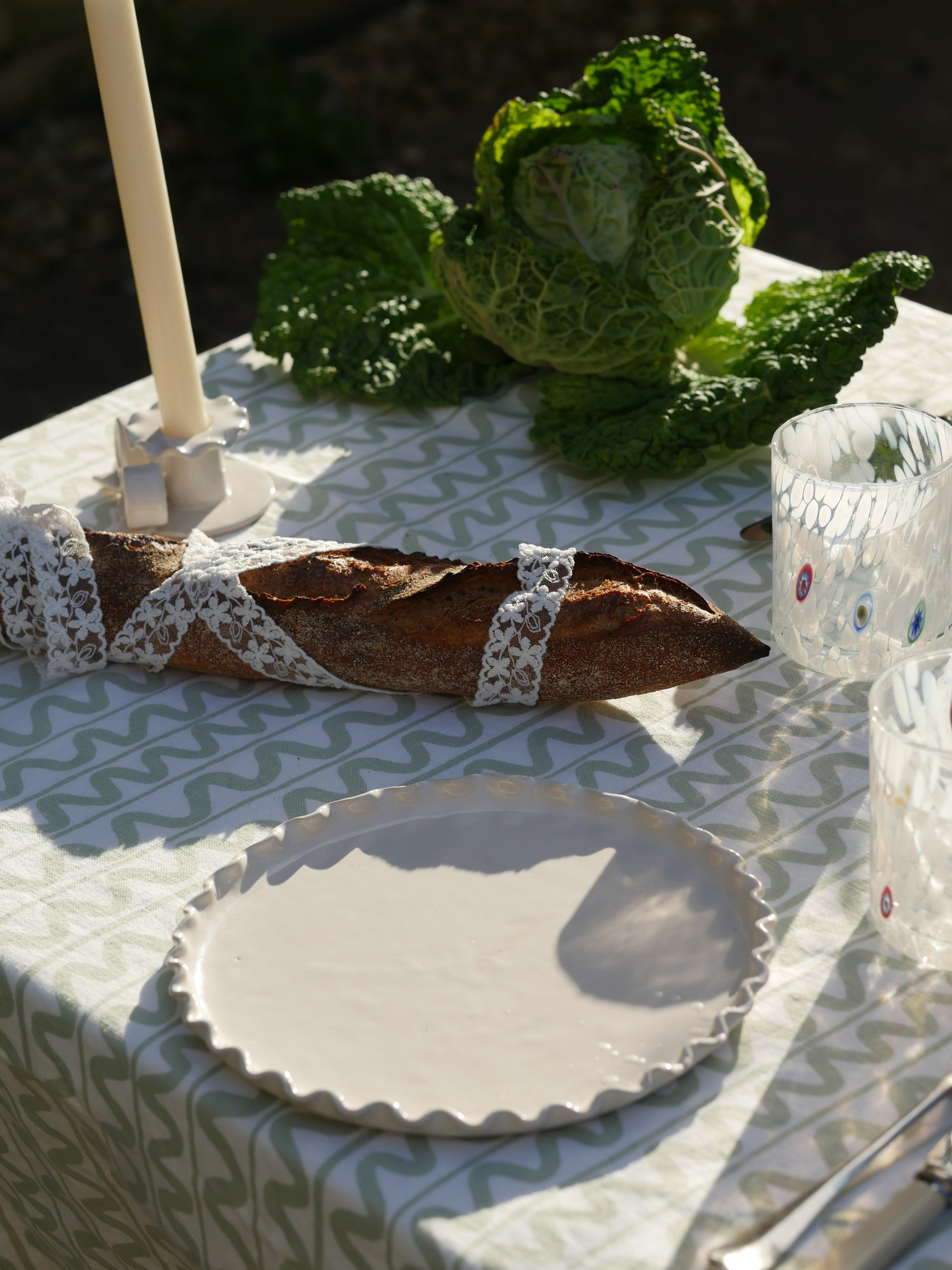 Green Linen Tablecloth, Wiggle Pattern