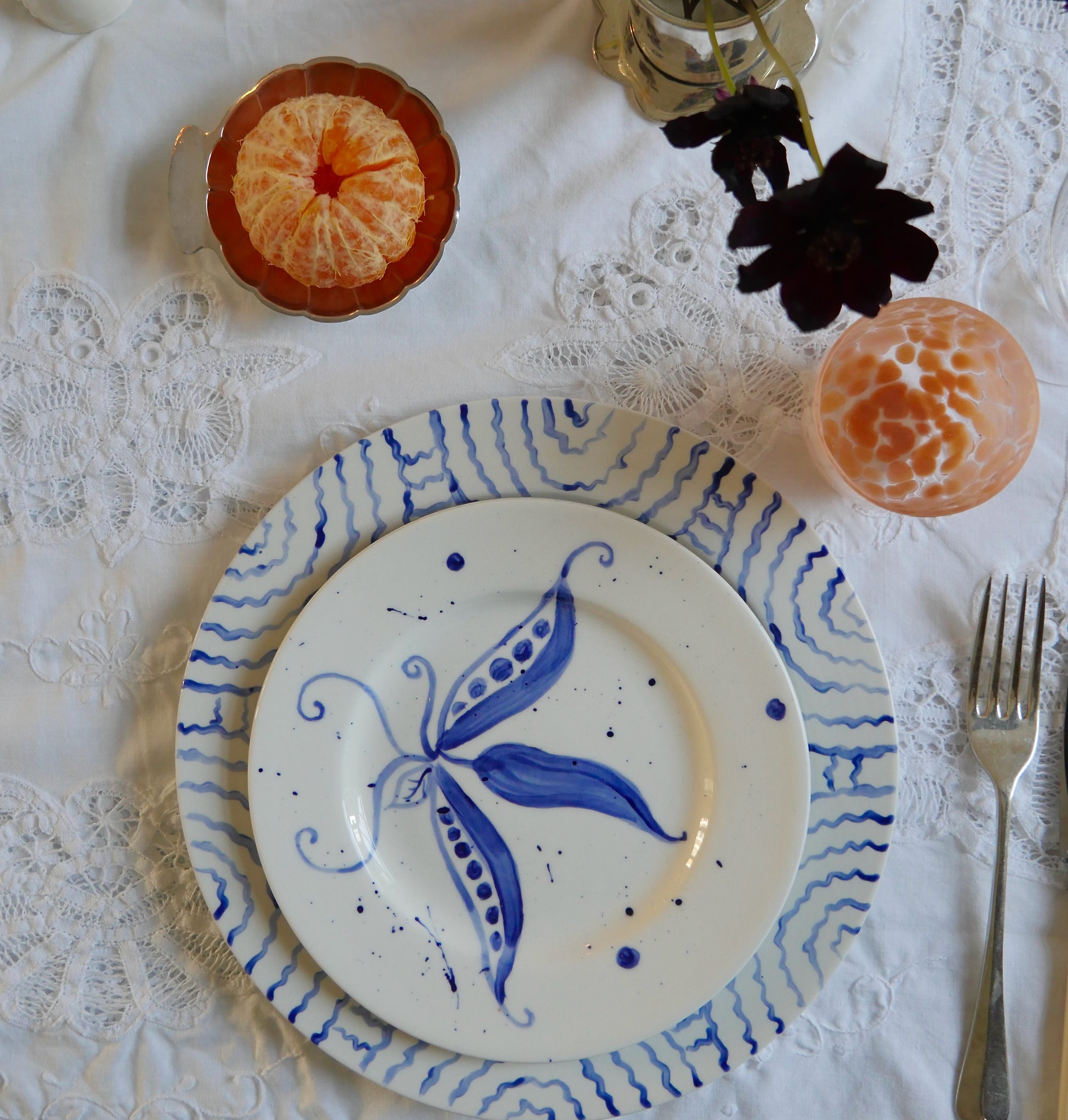 Hand-painted Runner Bean Side Plate, Blue