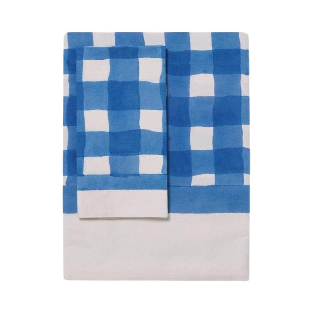 Hand-Block Print Gingham Tablecloth, Blue