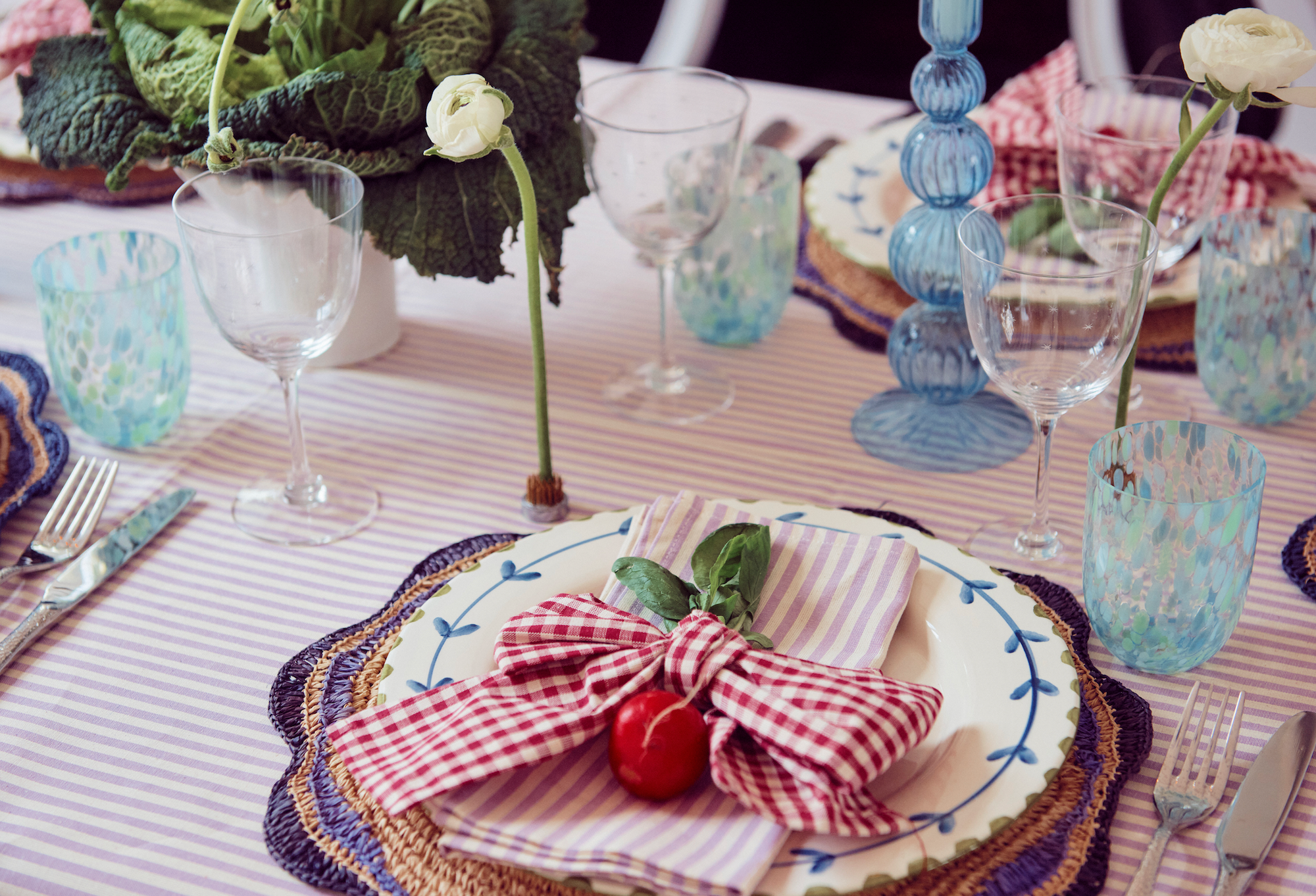 Lilac Stripe Napkin &amp; Red Gingham Bow by Angela Mugnai