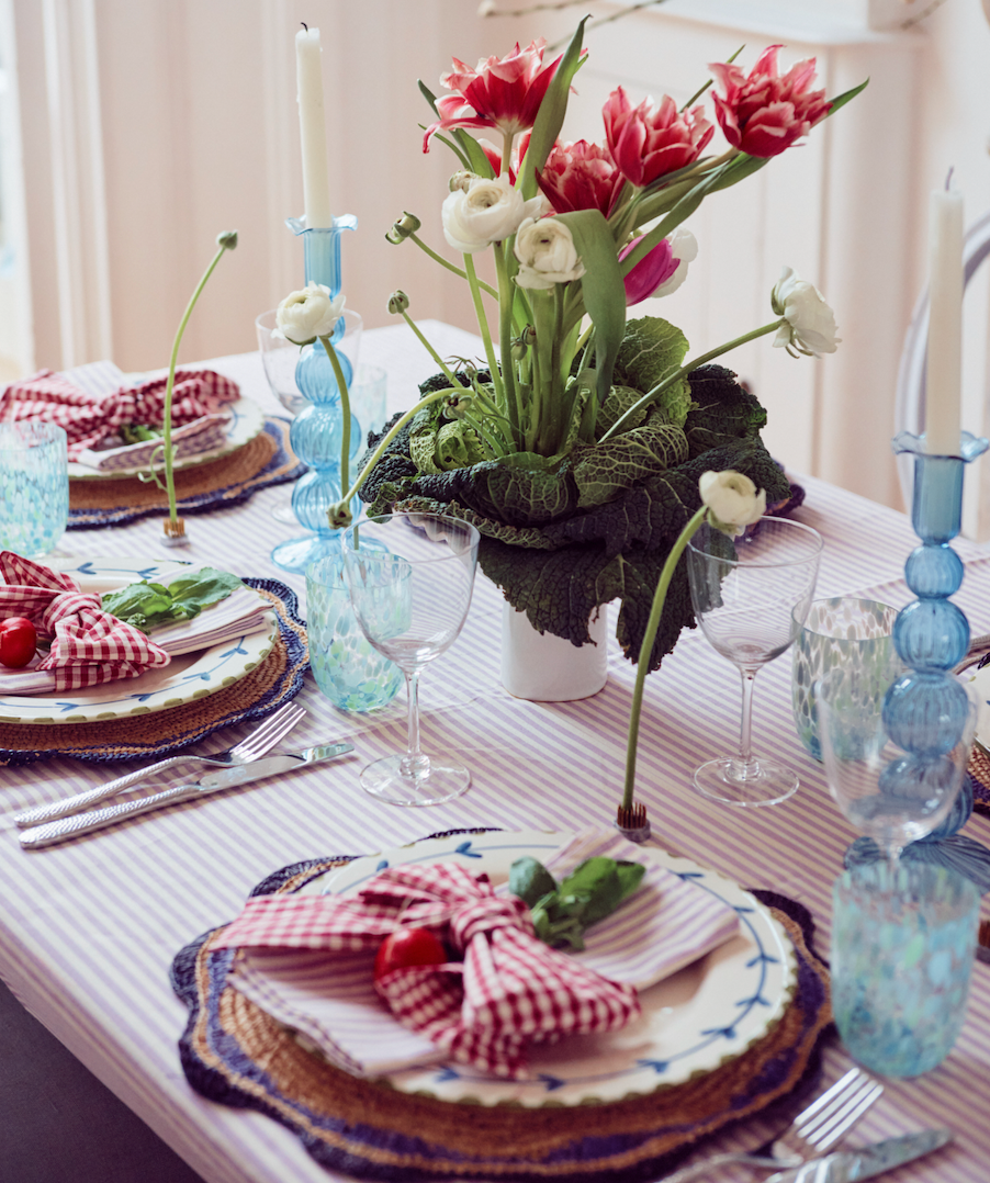 Lilac Stripe Napkin & Red Gingham Bow by Angela Mugnai