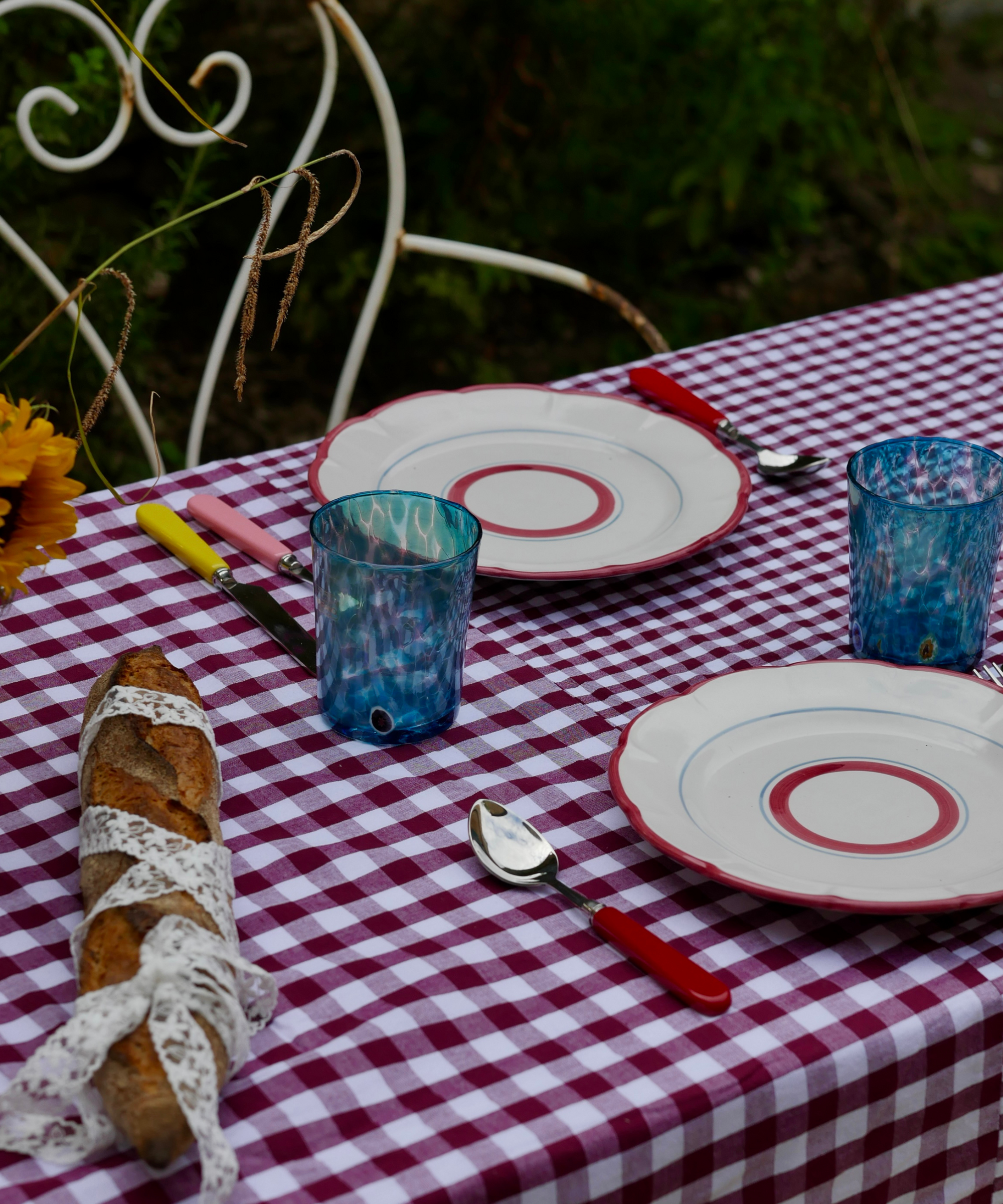 Patchwork Gingham Hand-Stitched Burgundy Tablecloth