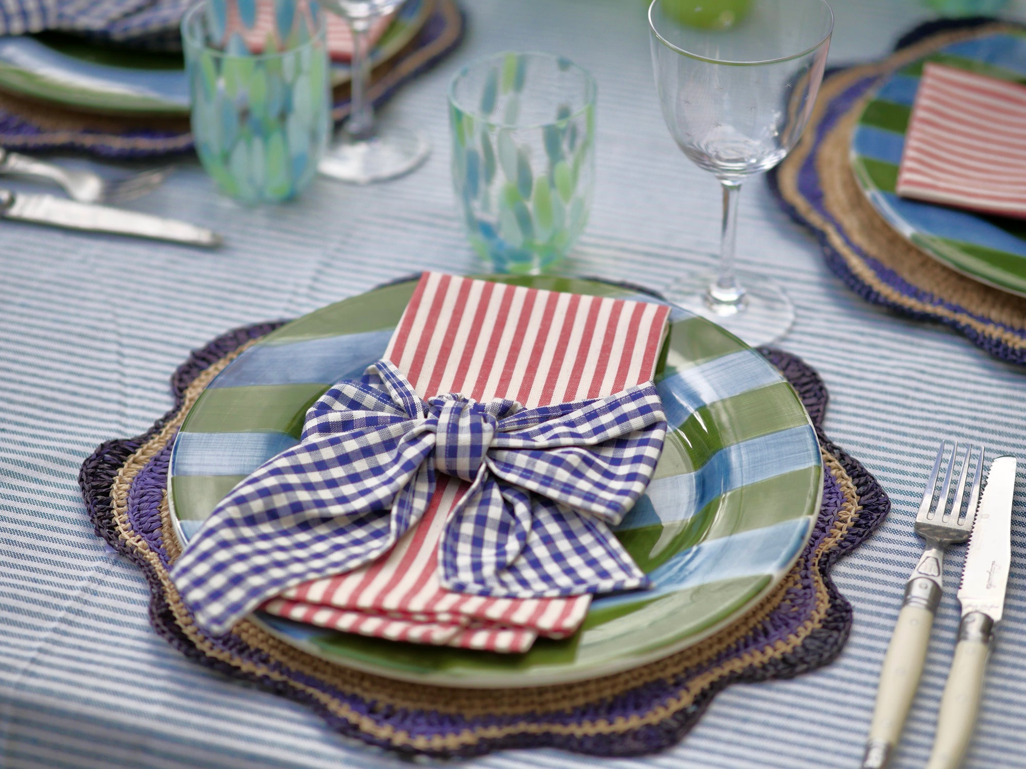 Red Stripe Napkin & Navy Gingham Bow by Angela Mugnai