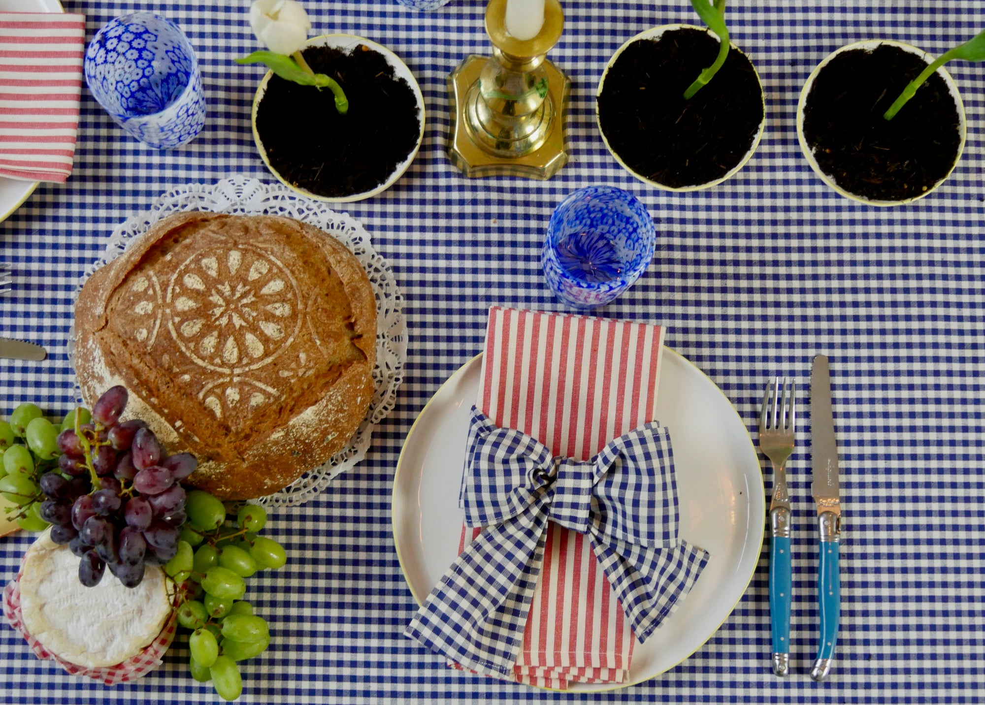 Red Stripe Napkin &amp; Navy Gingham Bow by Angela Mugnai