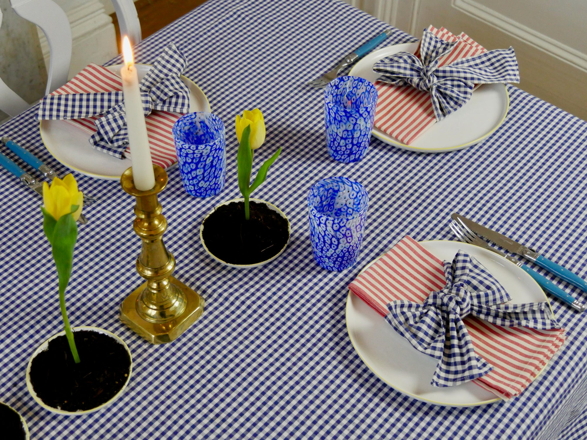 Red Stripe Napkin & Navy Gingham Bow by Angela Mugnai