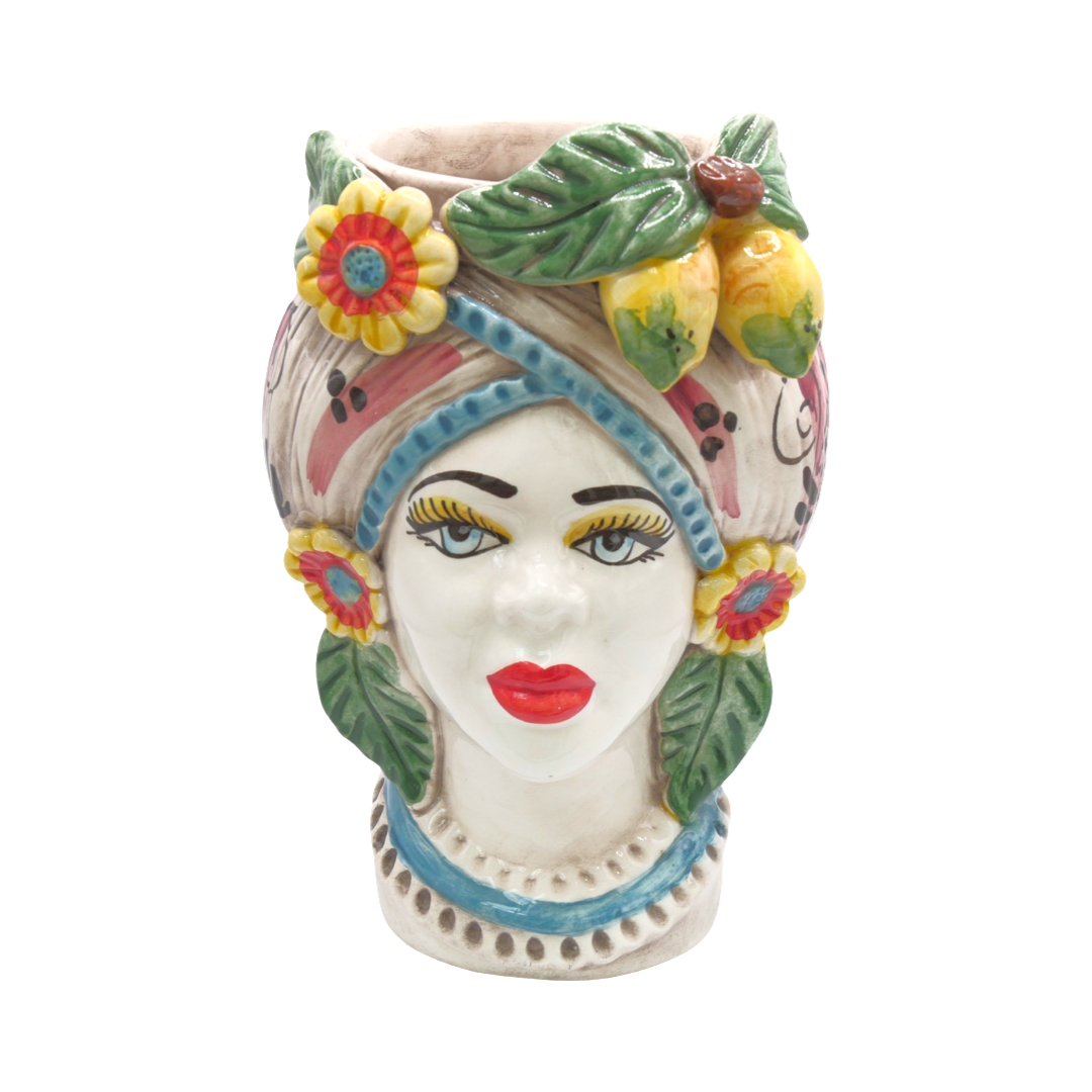 Small Sicilian Vase Head, Lemon & Flowers