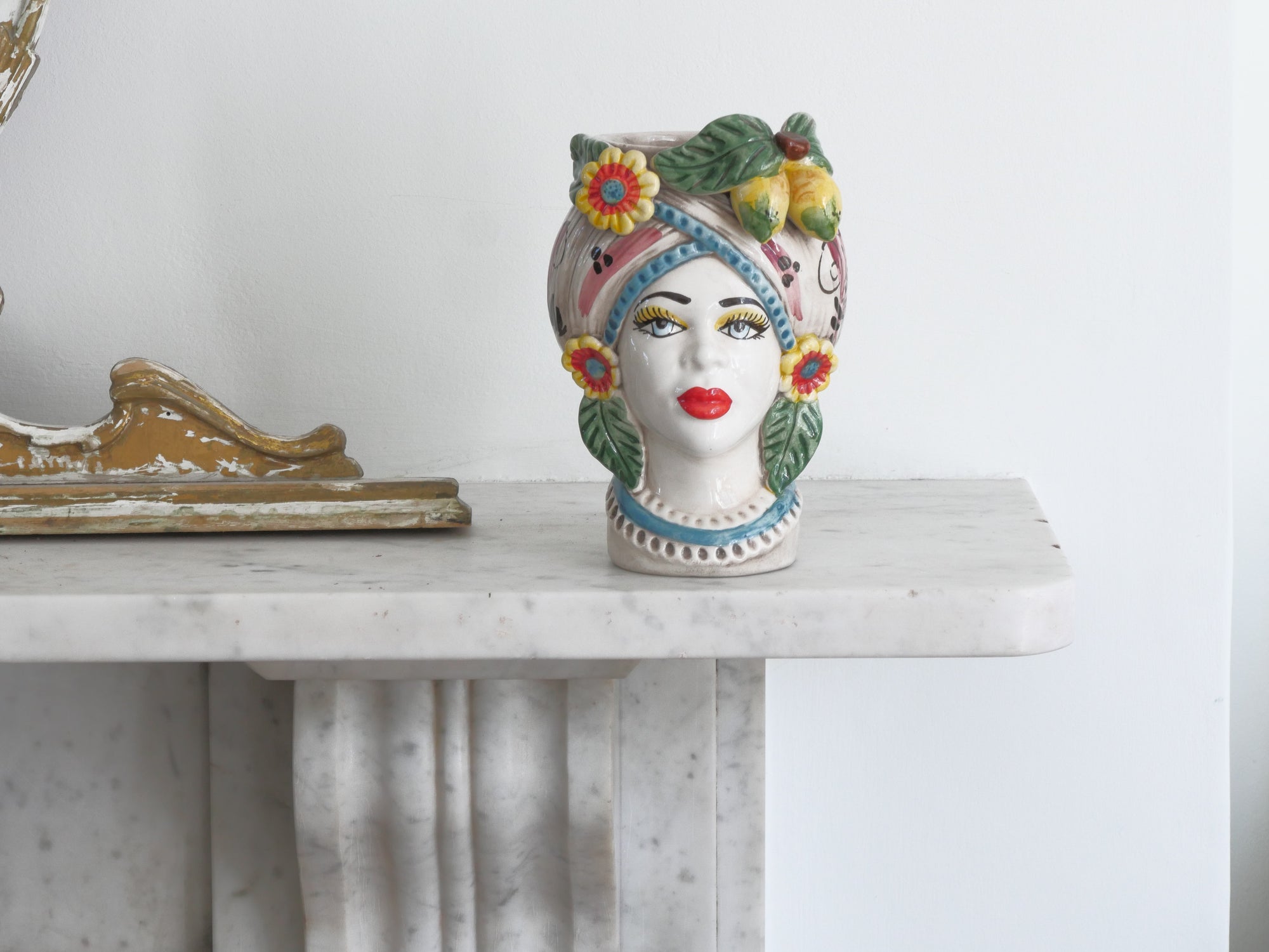 Small Sicilian Vase Head, Lemon &amp; Flowers