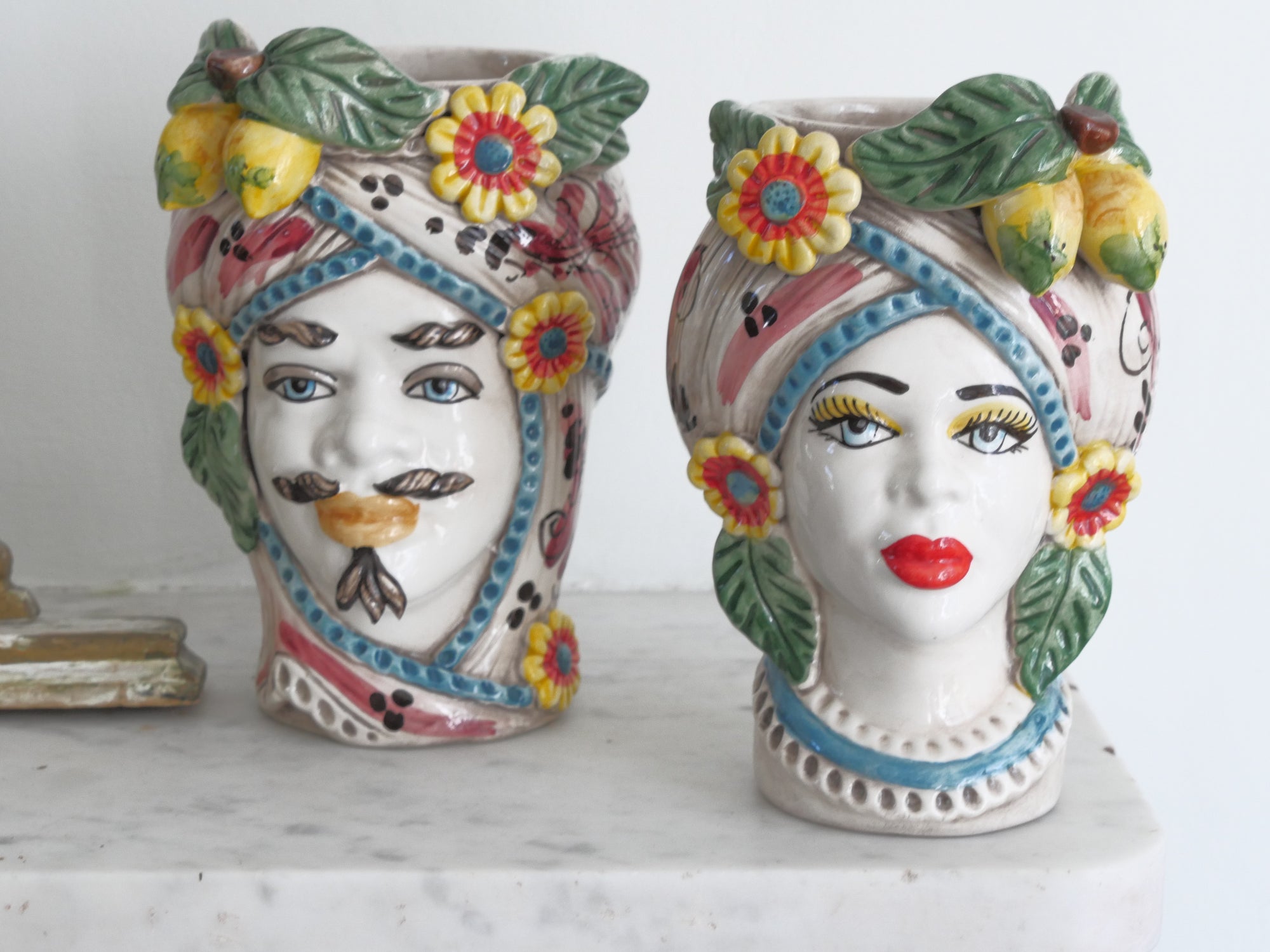 Small Sicilian Vase Head, Lemon &amp; Flowers