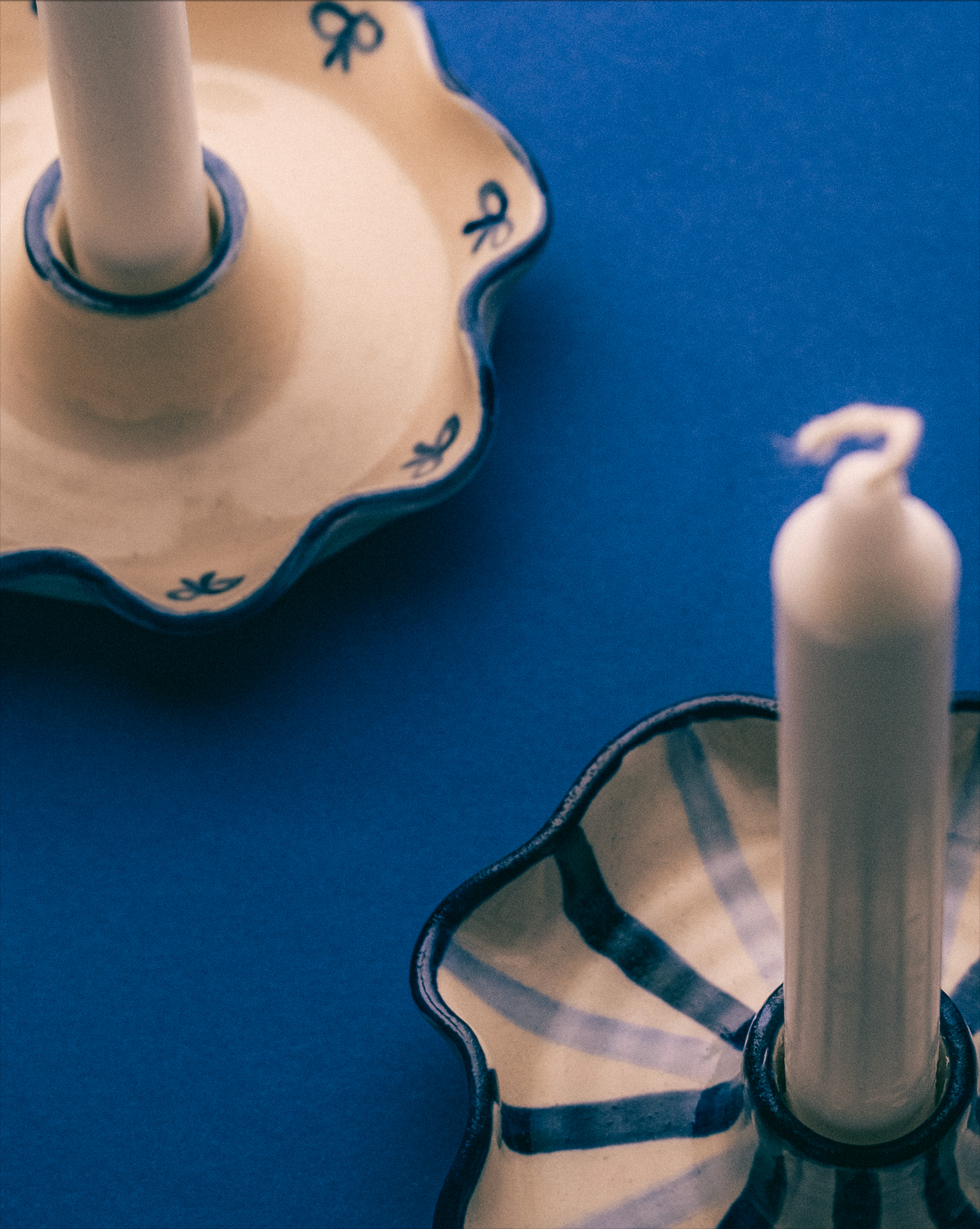 Ceramic Handmade Bow Details Blue Candle Holder – side view by Marla Primrose