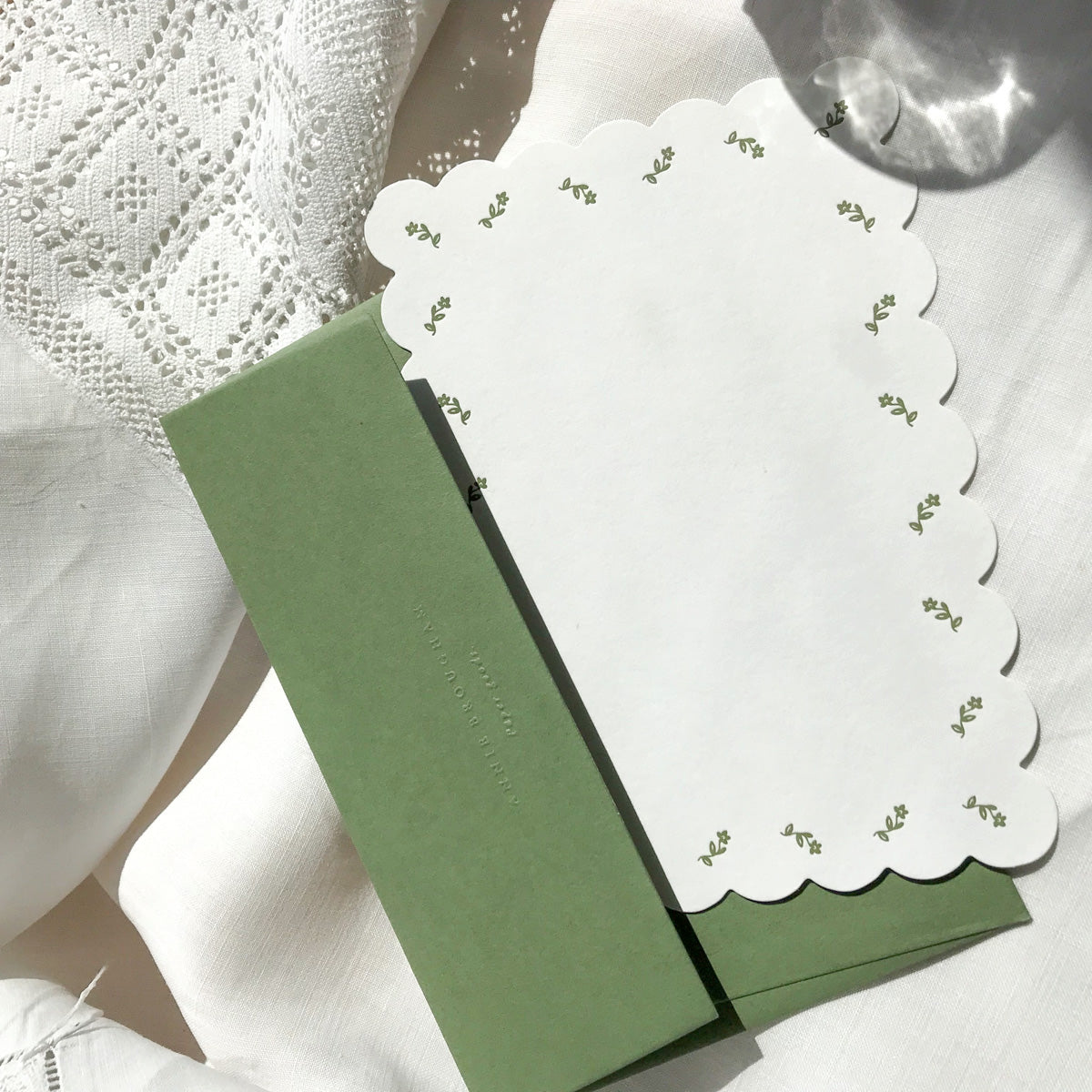 Scallop Notecard, Green Floral Motif