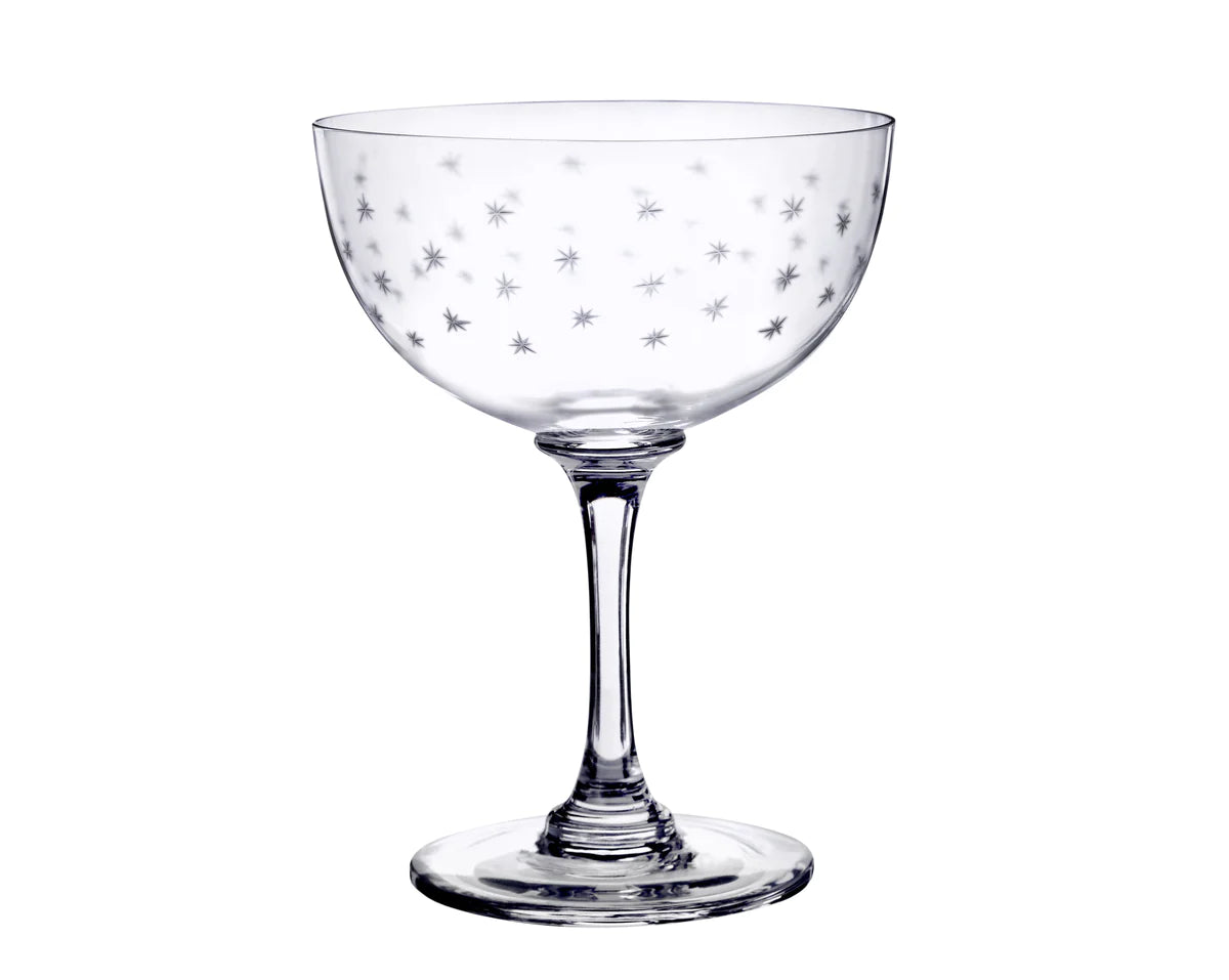 Crystal Glass Champagne Coupe, Engraved Stars